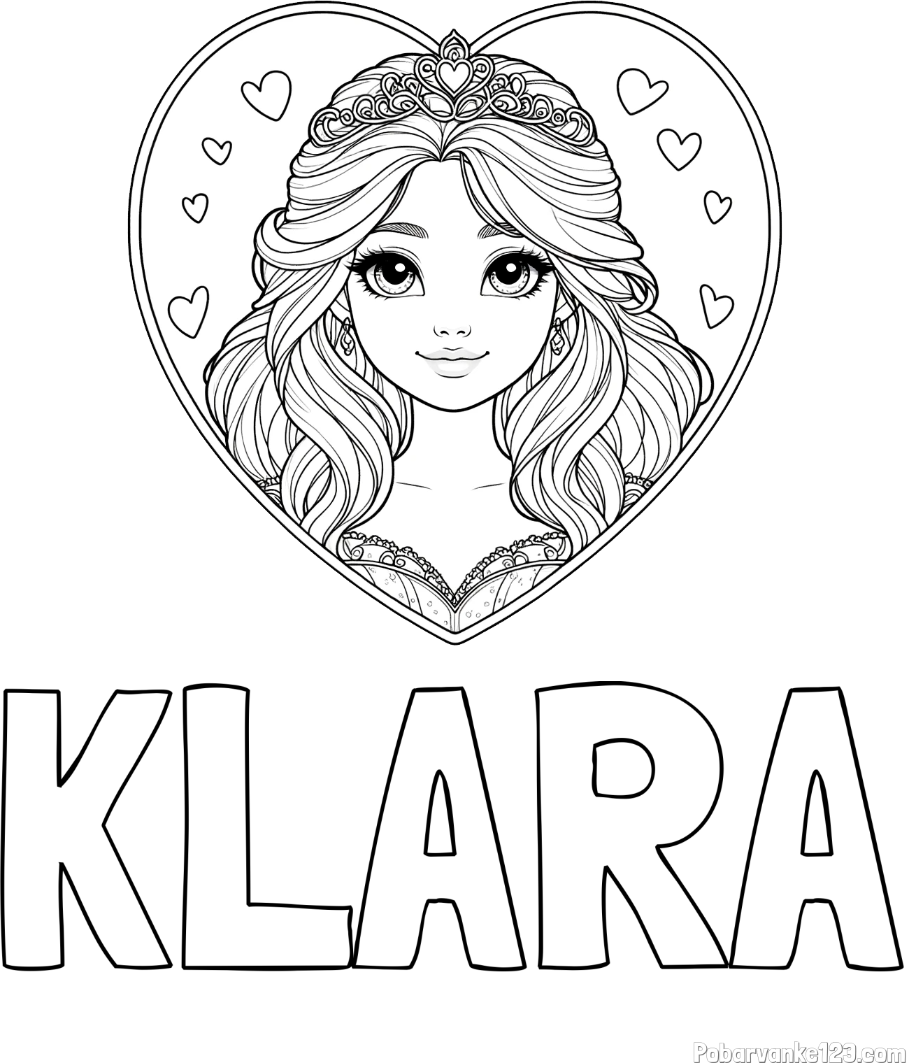 Pobarvanka imena KLARA in pobarvanka princeske ter srčkov