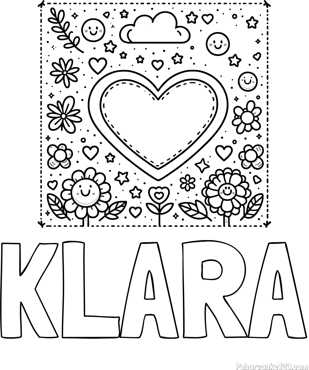 Pobarvanka imena KLARA in pobarvanka srčka ter rožic