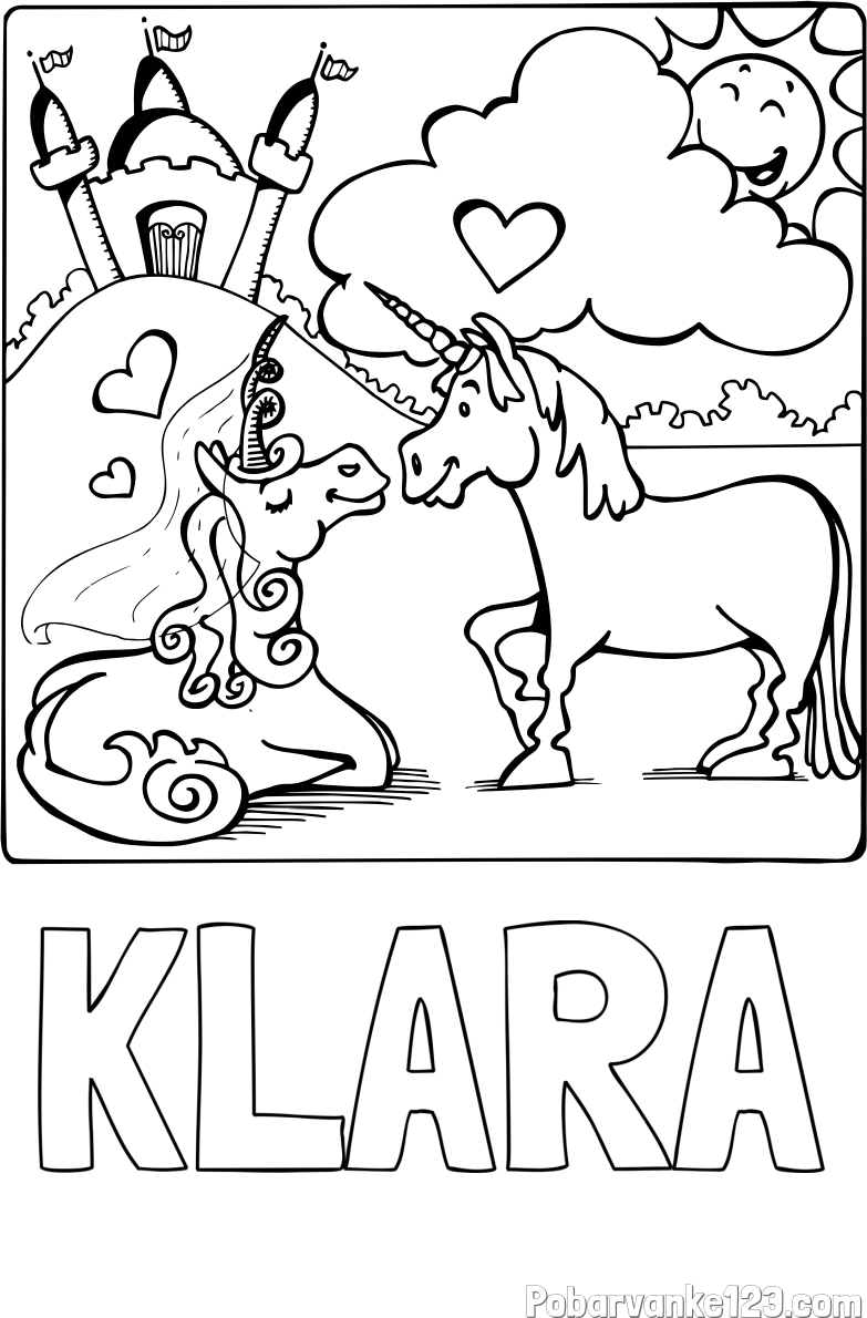 Pobarvanka imena KLARA in pobarvanka zaljubljenih samorogov