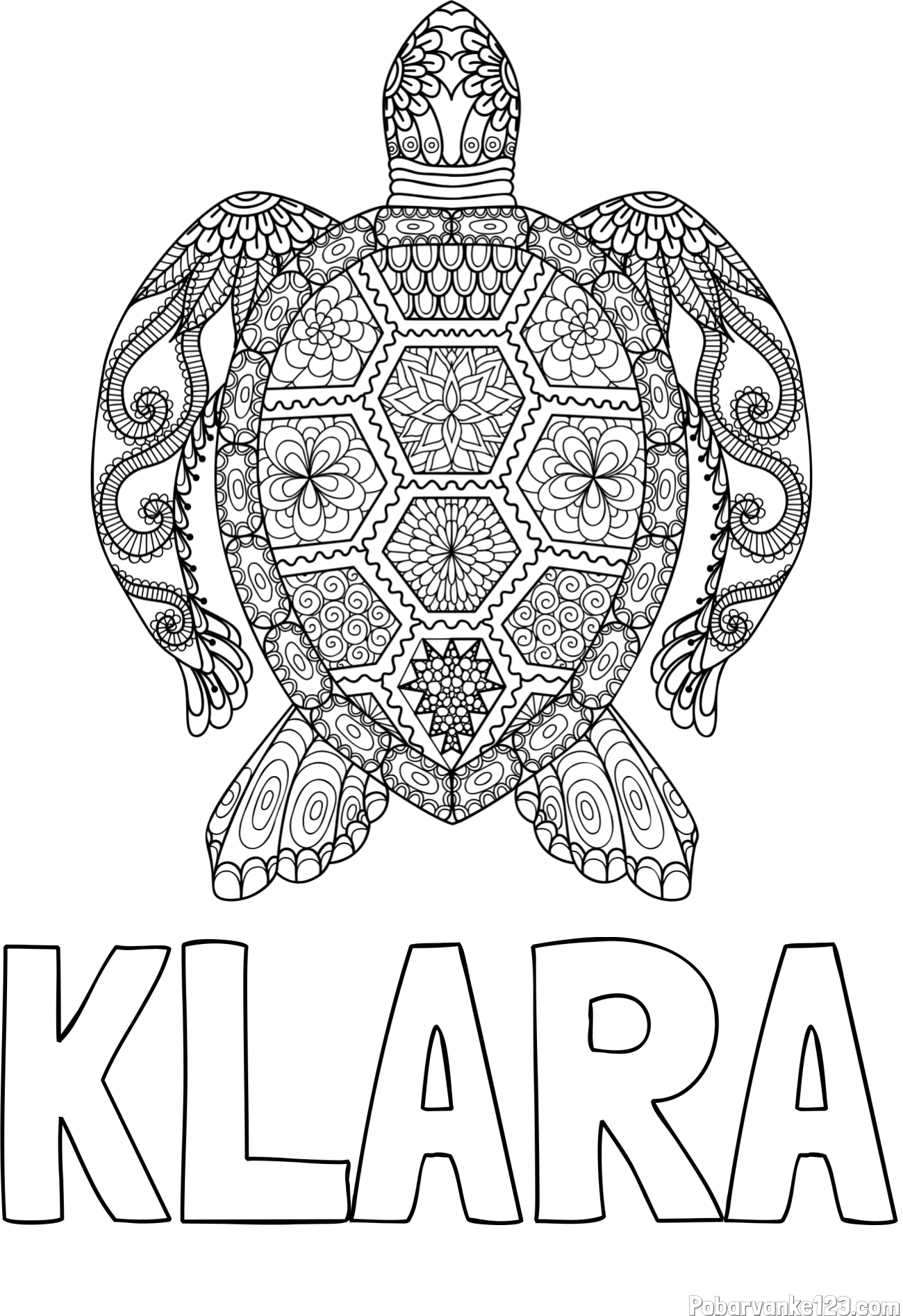 Pobarvanka imena KLARA in pobarvanka želve - mandale