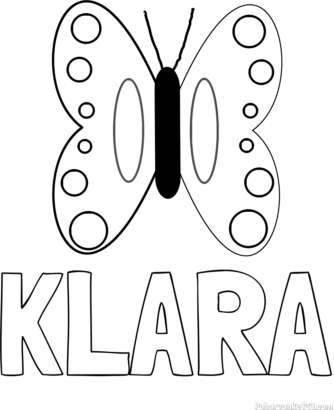 Pobarvanka imena KLARA in preprosta otroška pobarvanka metuljčka