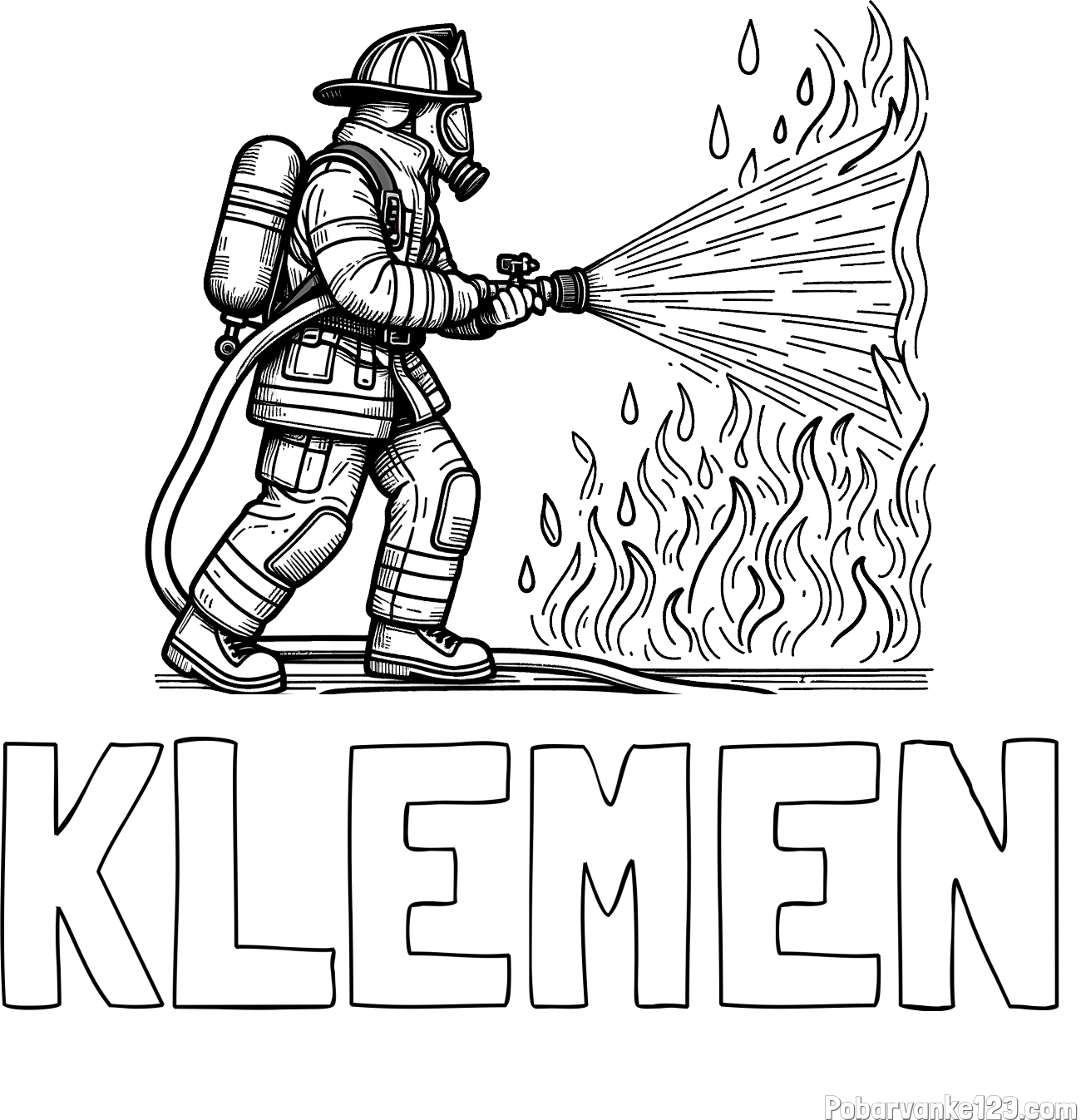 Pobarvanka imena KLEMEN in pobarvanka gasilca pri gašenju požara