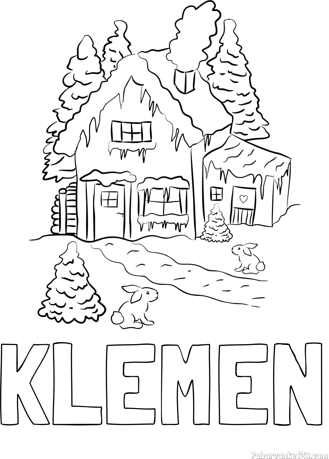 Pobarvanka imena KLEMEN in pobarvanka zasnežene hiše