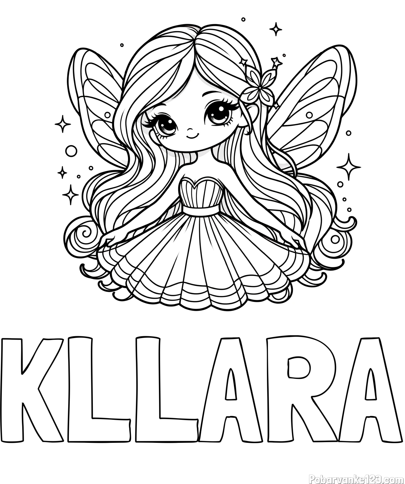 Pobarvanka imena KLLARA in pobarvanka ljubke in nasmejane čarobne vile