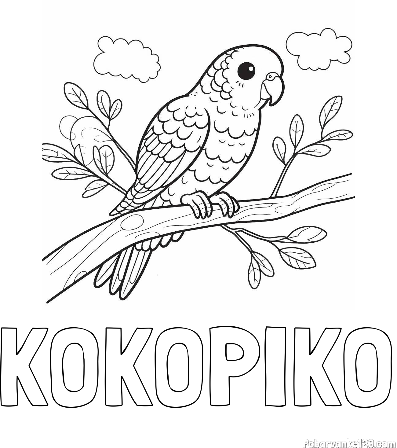 Pobarvanka imena KOKO-PIKO in pobarvanka ljubkega kanarčka na veji