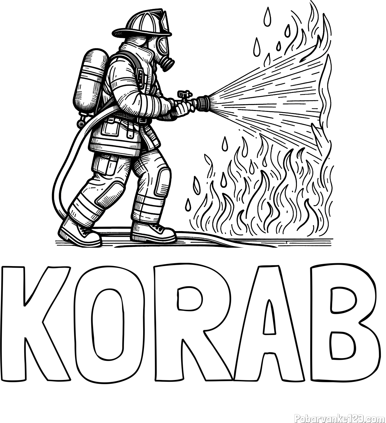 Pobarvanka imena KORAB in pobarvanka gasilca pri gašenju požara