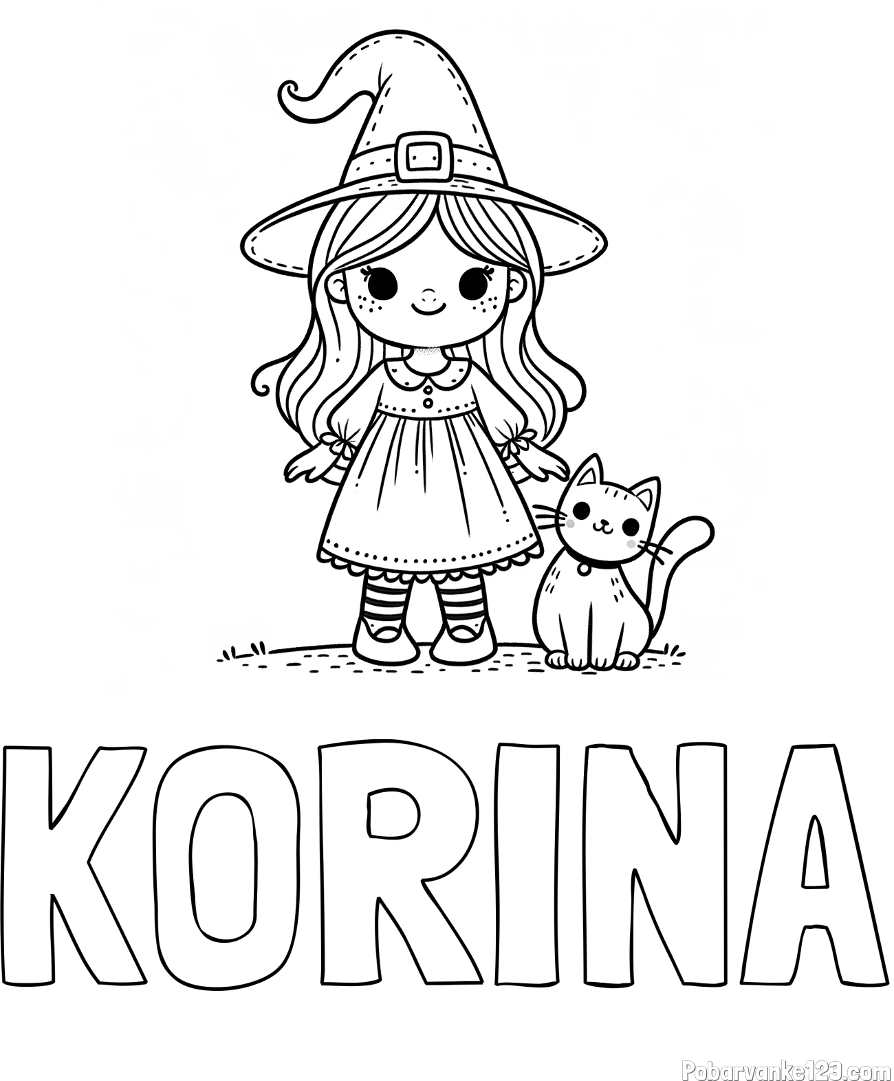 Pobarvanka imena KORINA in Čudovita pobarvanka ljubke čarovnice in nasmejane mačke