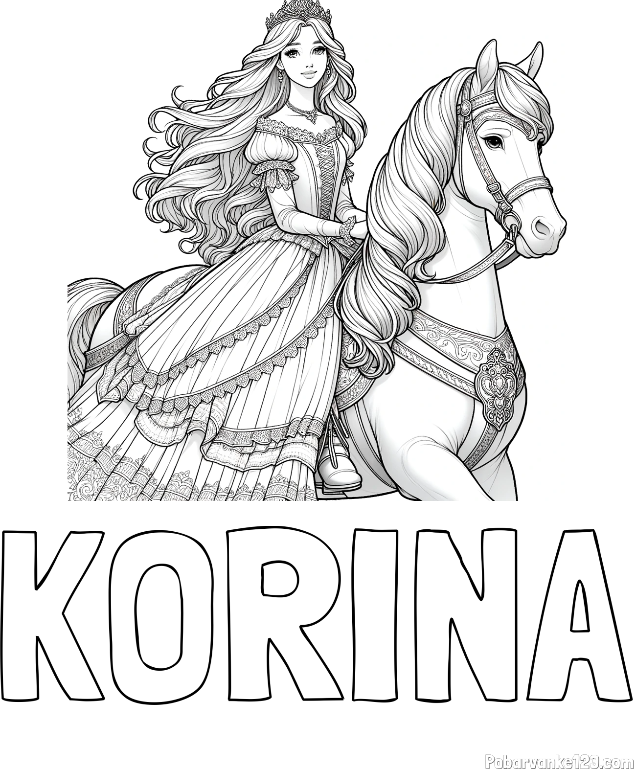 Pobarvanka imena KORINA in pobarvanka nasmejana princese na konju