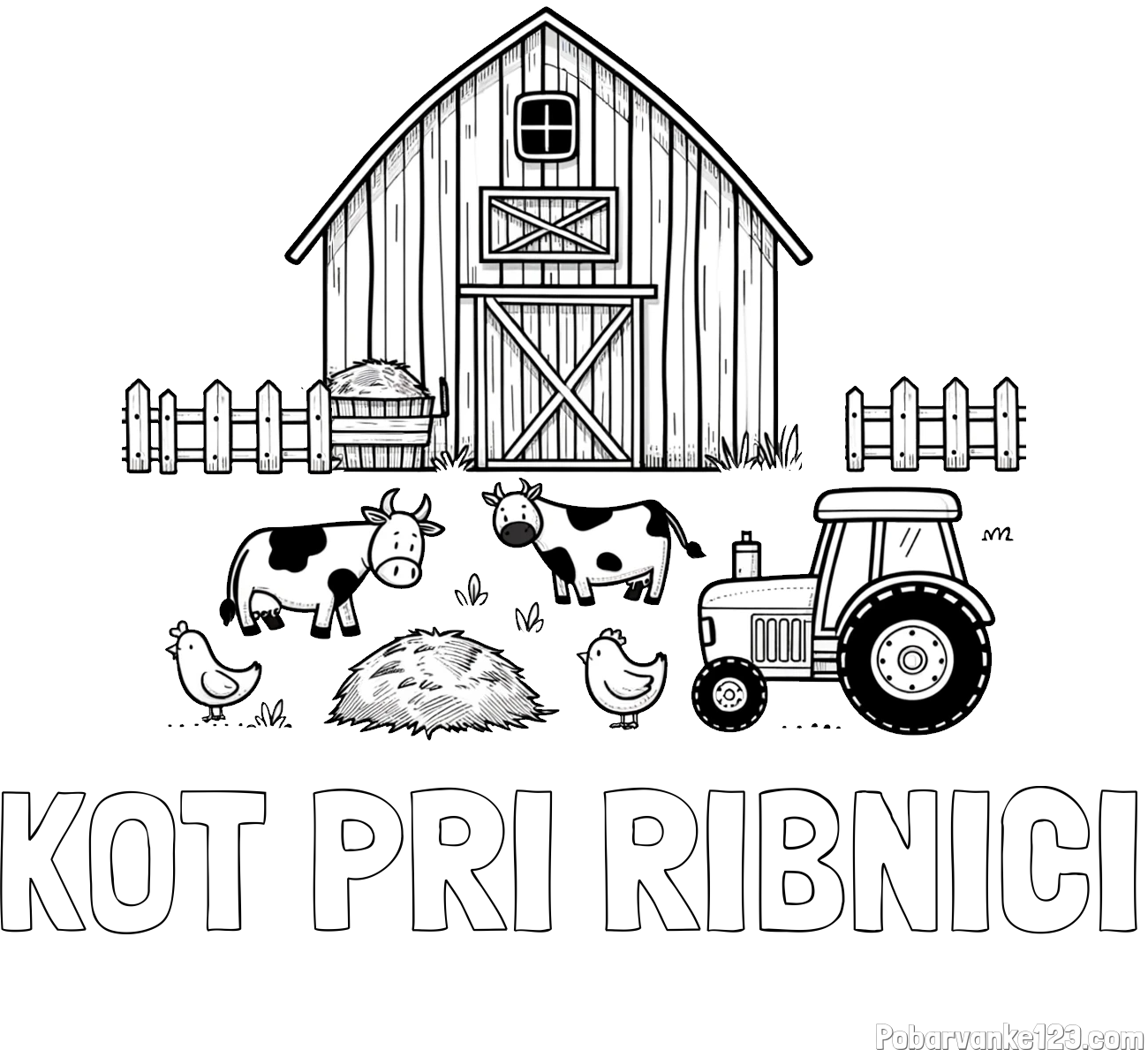 Pobarvanka imena KOT PRI RIBNICI in otroška pobarvanka velikega senika, krav in traktorja