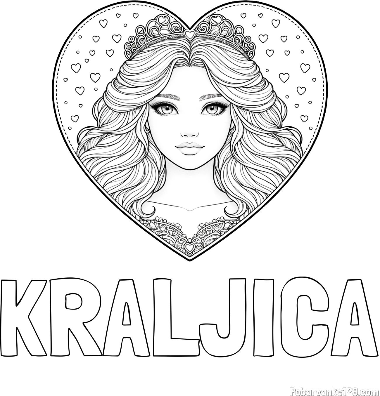 Pobarvanka imena KRALJICA in pobarvanka ljubke princese v srčku