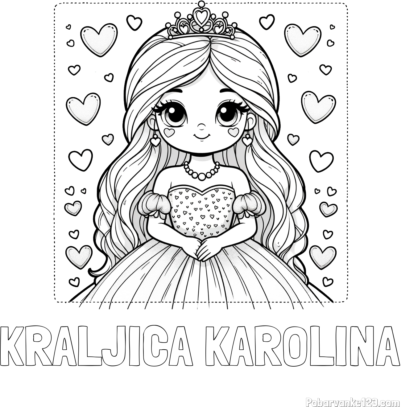 Pobarvanka imena KRALJICA KAROLINA in pobarvanka ljubke princese obdane s srčki