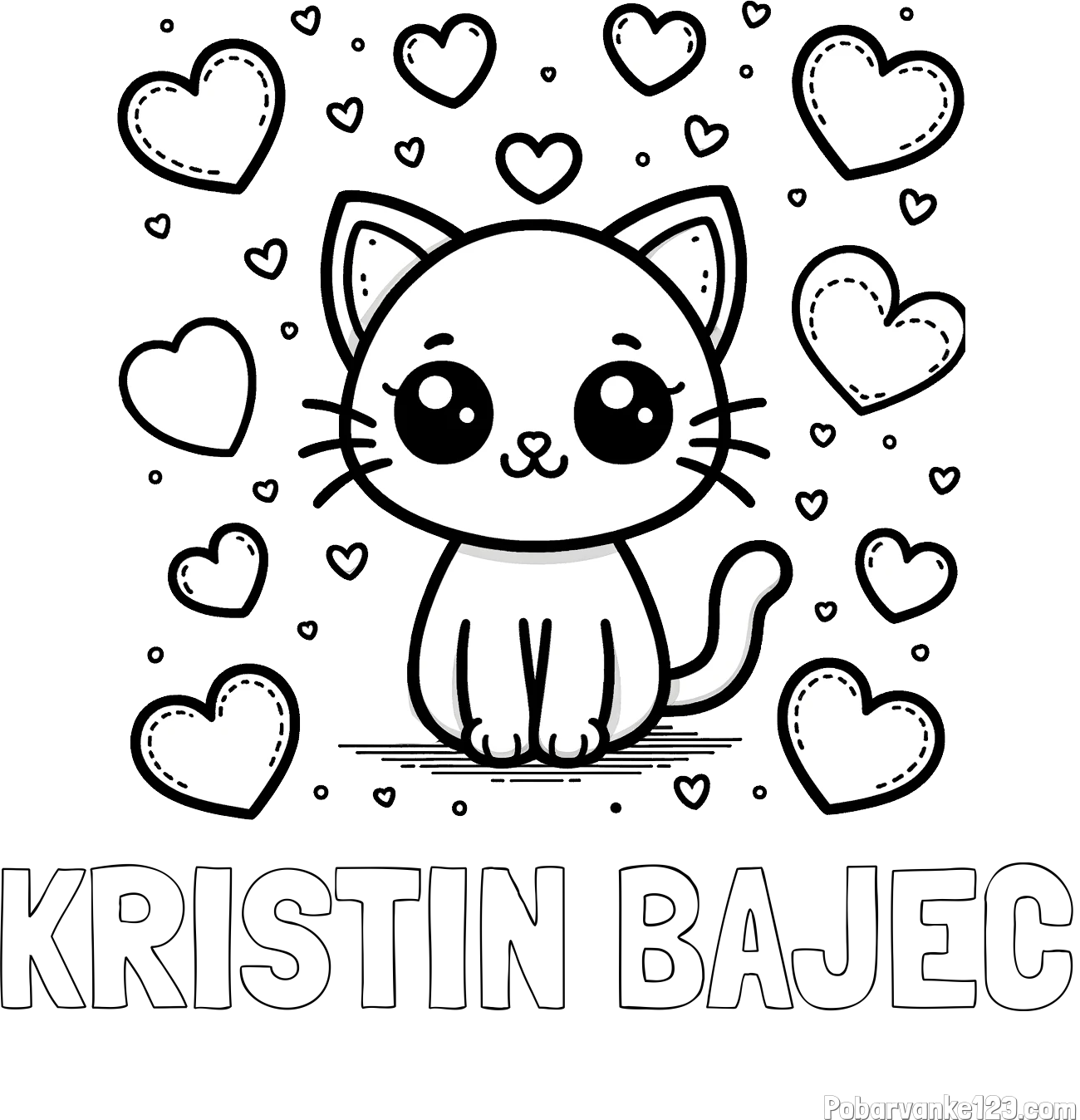 Pobarvanka imena KRISTIN BAJEC in pobarvanka ljubke mucke obdane z veliko srčki