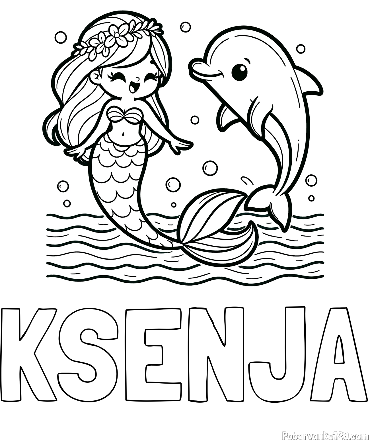 Pobarvanka imena KSENJA in pobarvanka ljubke morske deklice, ki pleše z delfinom
