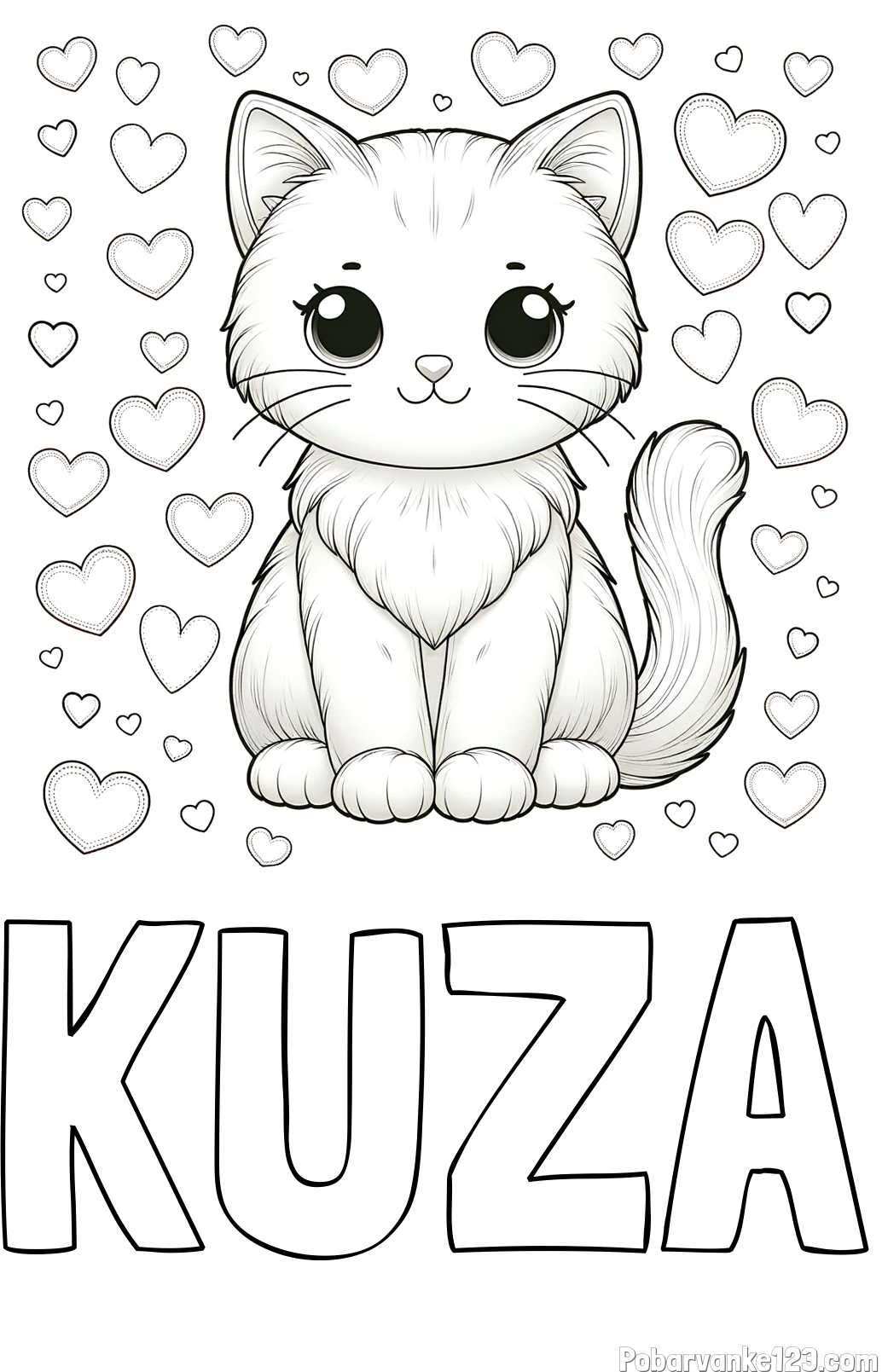 Pobarvanka imena KUŽA in pobarvanka ljubke mucke obdane s srčki