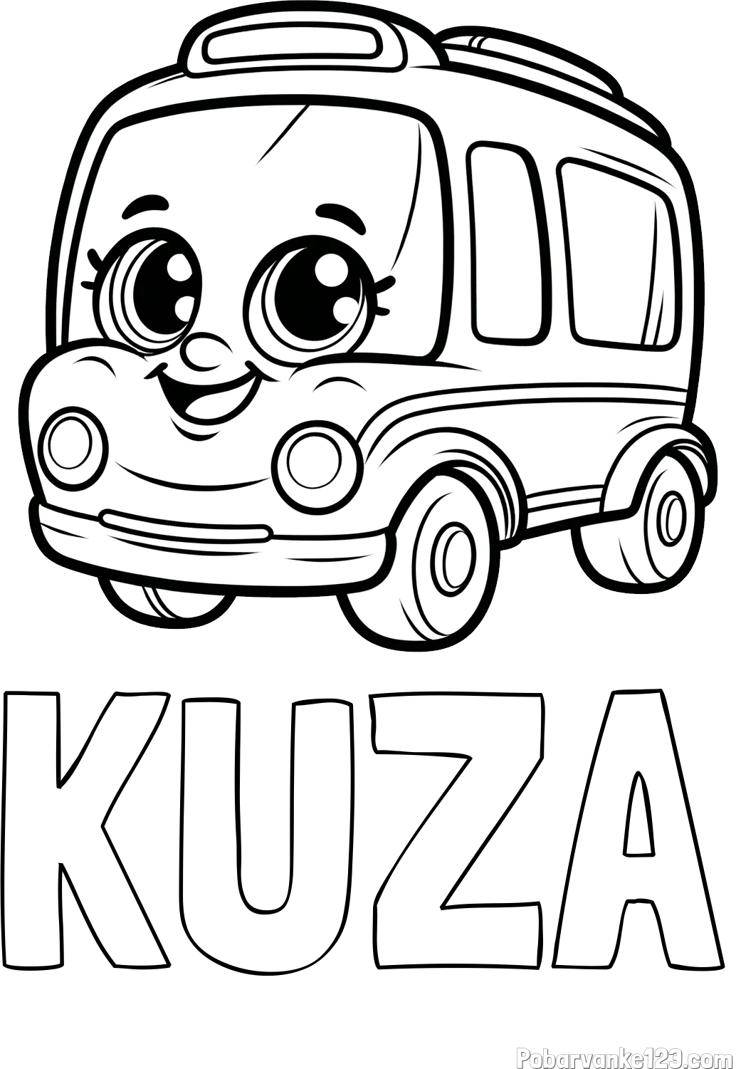 Pobarvanka imena KUŽA in pobarvanka nasmejanega avtobusa