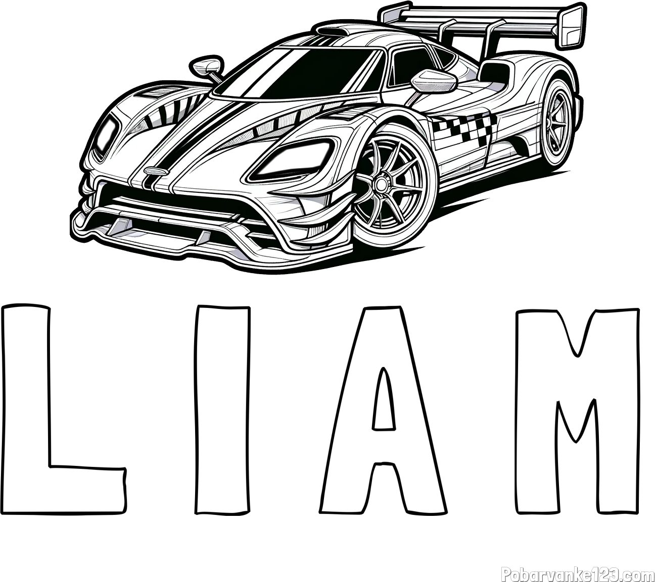 Pobarvanka imena L I A M in pobarvanka modernega športnega avtomobila