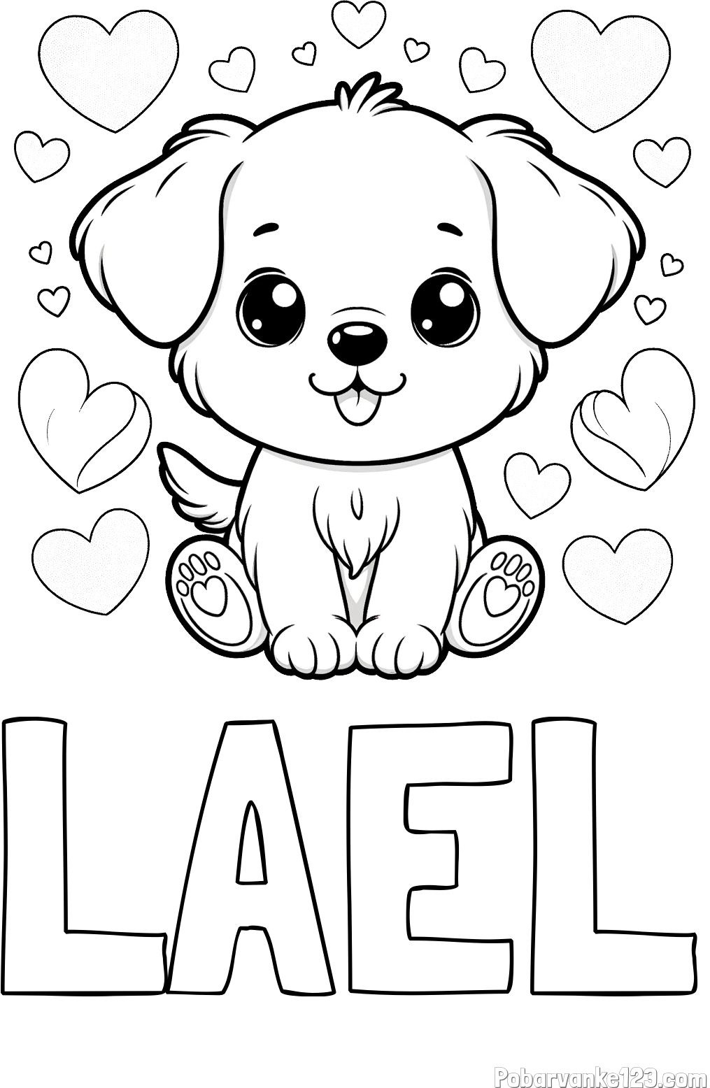 Pobarvanka imena LAEL in pobarvanka ljubkega kužka obdanega s srčki