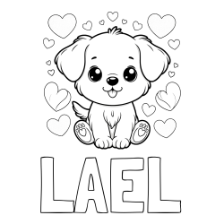 Online izdelana pobarvanka - Pobarvanka imena LAEL in pobarvanka ljubkega kužka obdanega s srčki