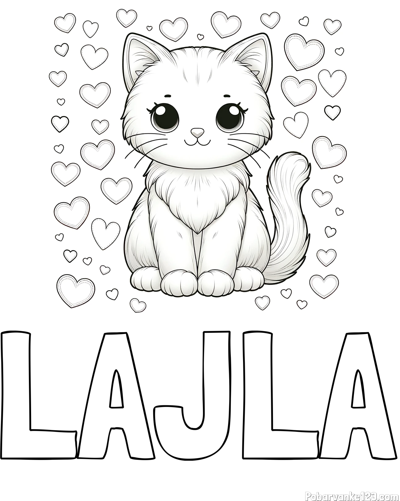 Pobarvanka imena LAJLA in pobarvanka ljubke mucke obdane s srčki