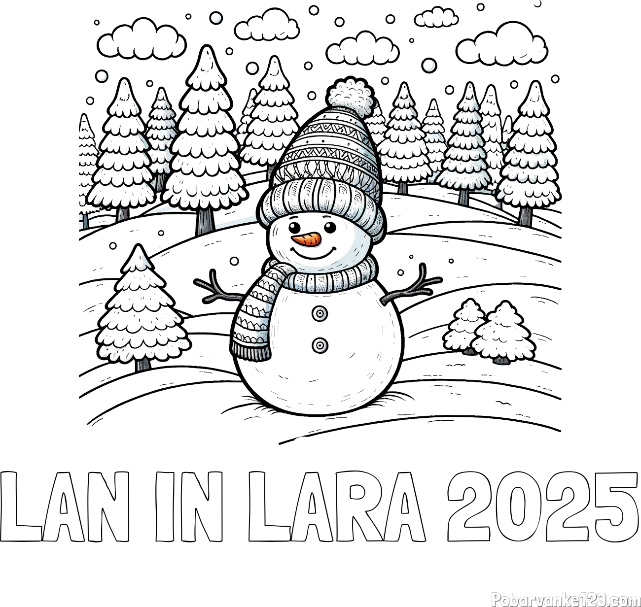 Pobarvanka imena LAN IN LARA 2025 in pobarvanka snežaka v naravi obdanega z zasneženimi smrekami