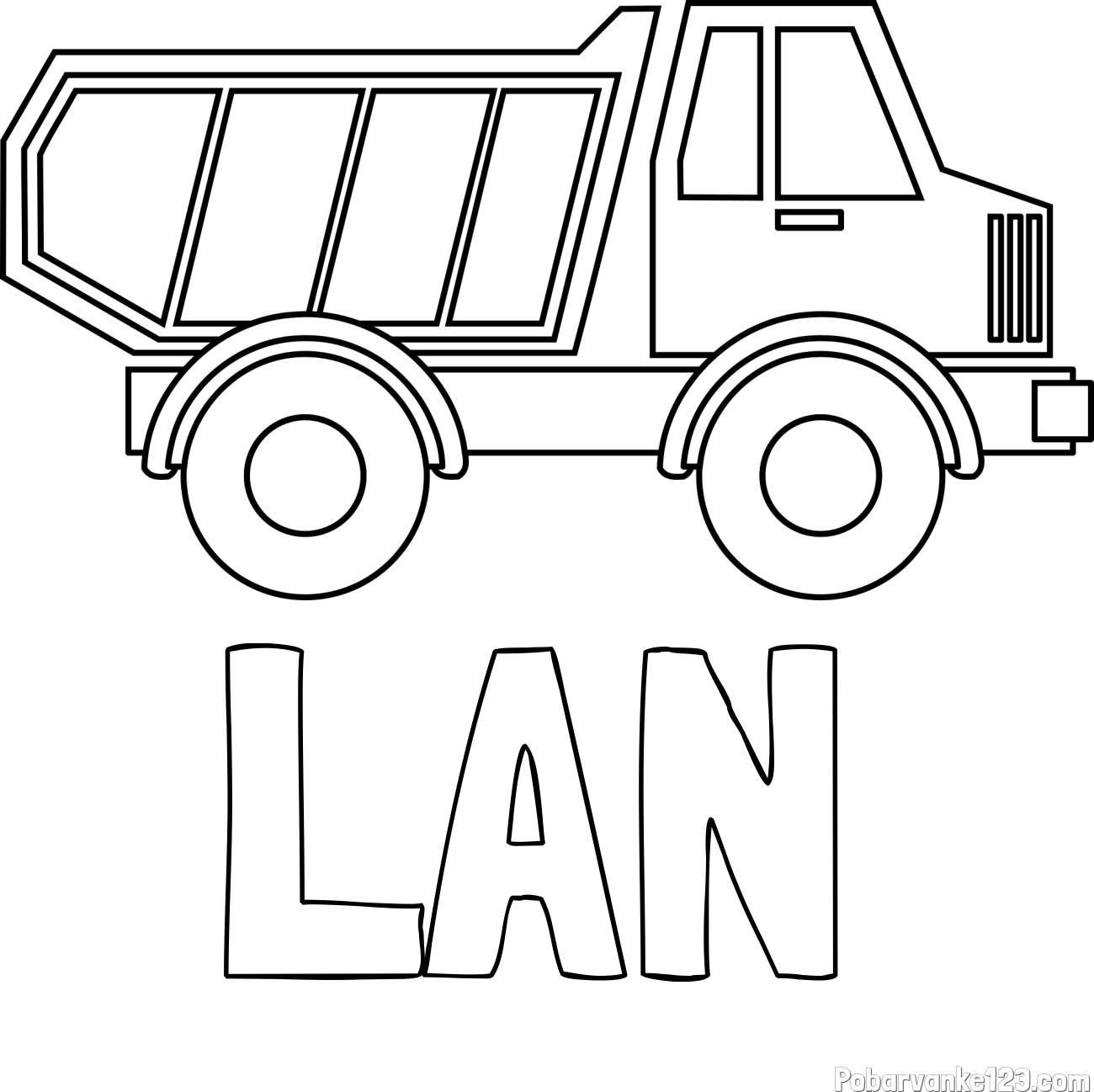 Pobarvanka imena LAN in otroška pobarvanka tovornjaka za prevoz smeti in drugega tovora