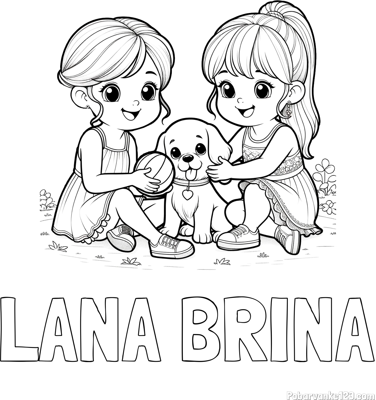 Pobarvanka imena LANA BRINA in pobarvanka prijateljic s kužkom