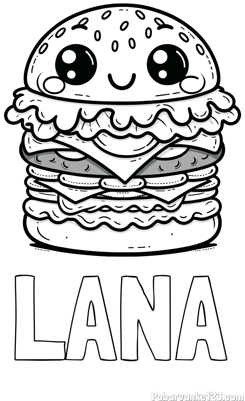 Pobarvanka imena LANA in otroška pobarvanka nasmejanega hamburgerja