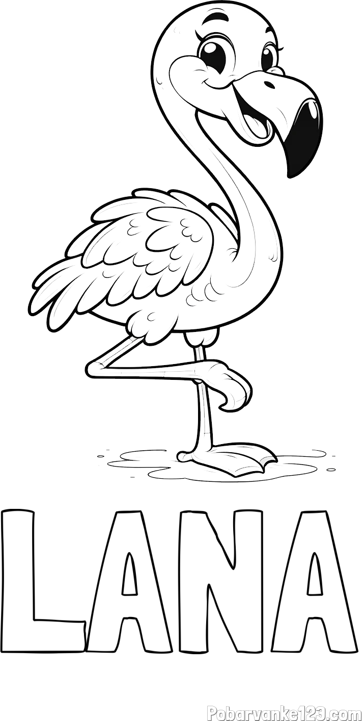Pobarvanka imena LANA in otroška pobarvanka prikupnega flaminga