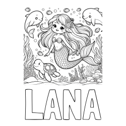 Pobarvanka imena LANA in pobarvana ljubke morske deklice s prijatelji