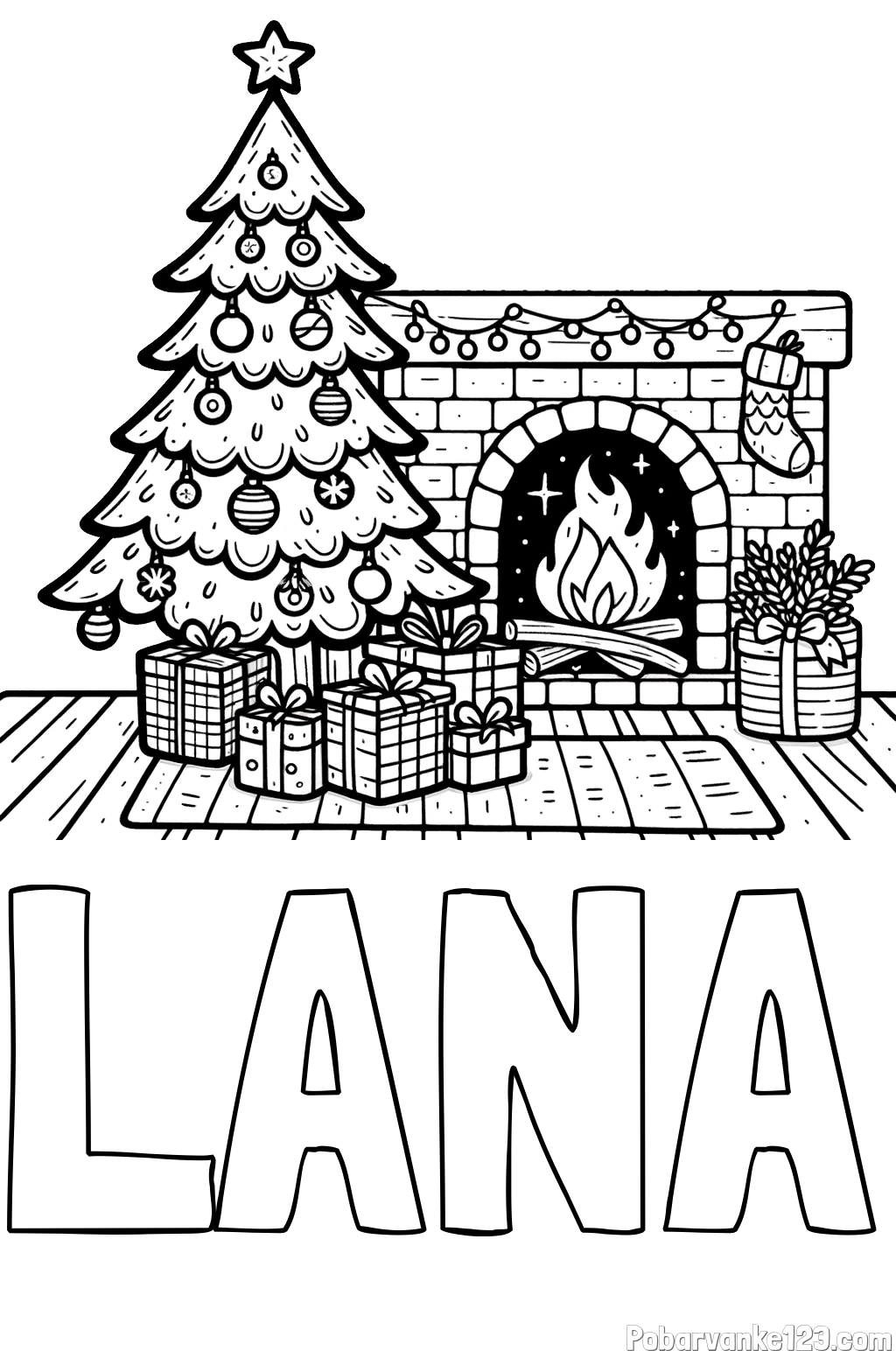 Pobarvanka imena LANA in pobarvanka božične noči z božično smrečico, darili ter kaminom