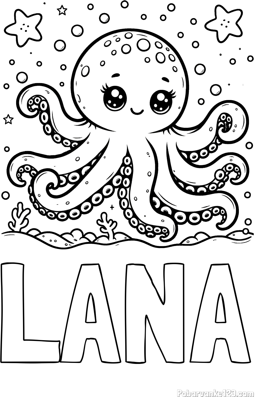 Pobarvanka imena LANA in pobarvanka hobotnice v morju obdane z morskimi zvezdami