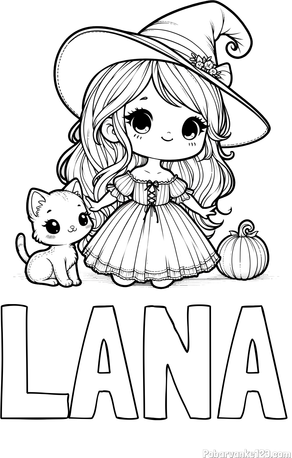 Pobarvanka imena LANA in pobarvanka ljubke čarovnice, muce in buče