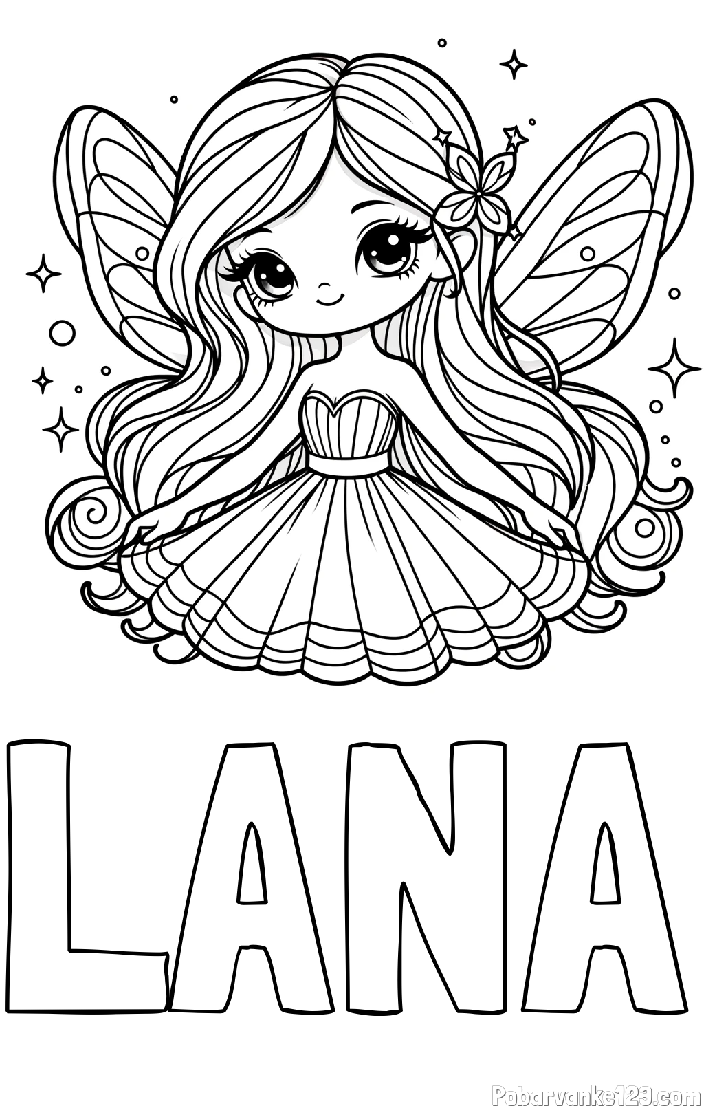 Pobarvanka imena LANA in pobarvanka ljubke in nasmejane čarobne vile
