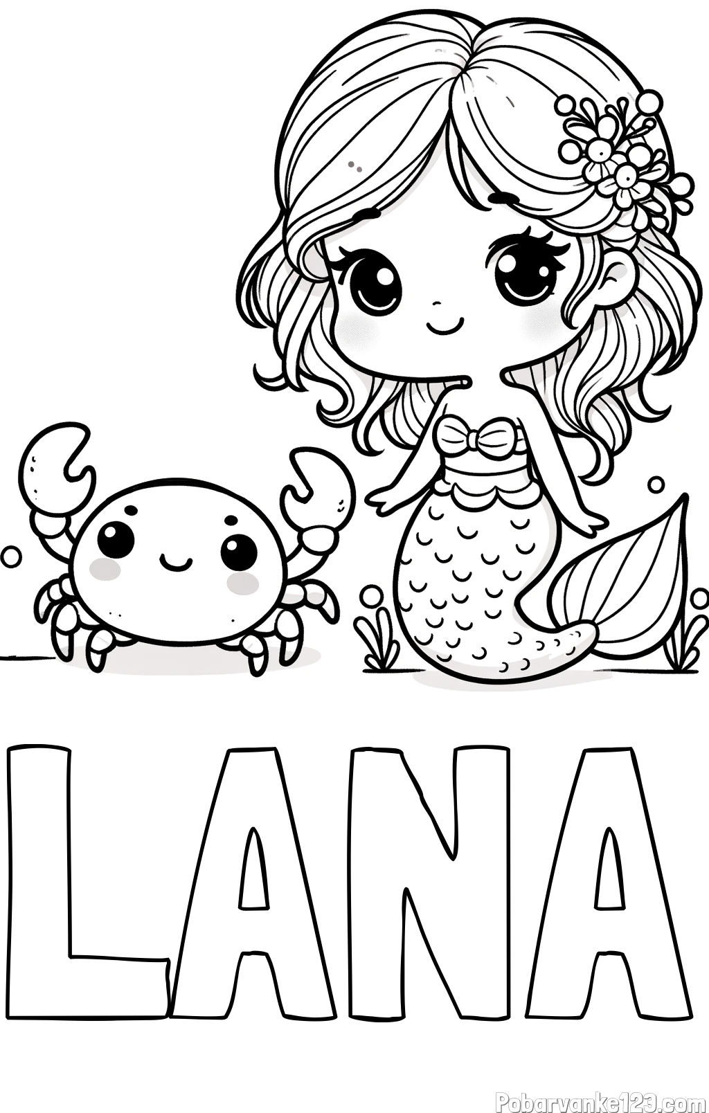 Pobarvanka imena LANA in pobarvanka ljubke morske deklice in veselega raka