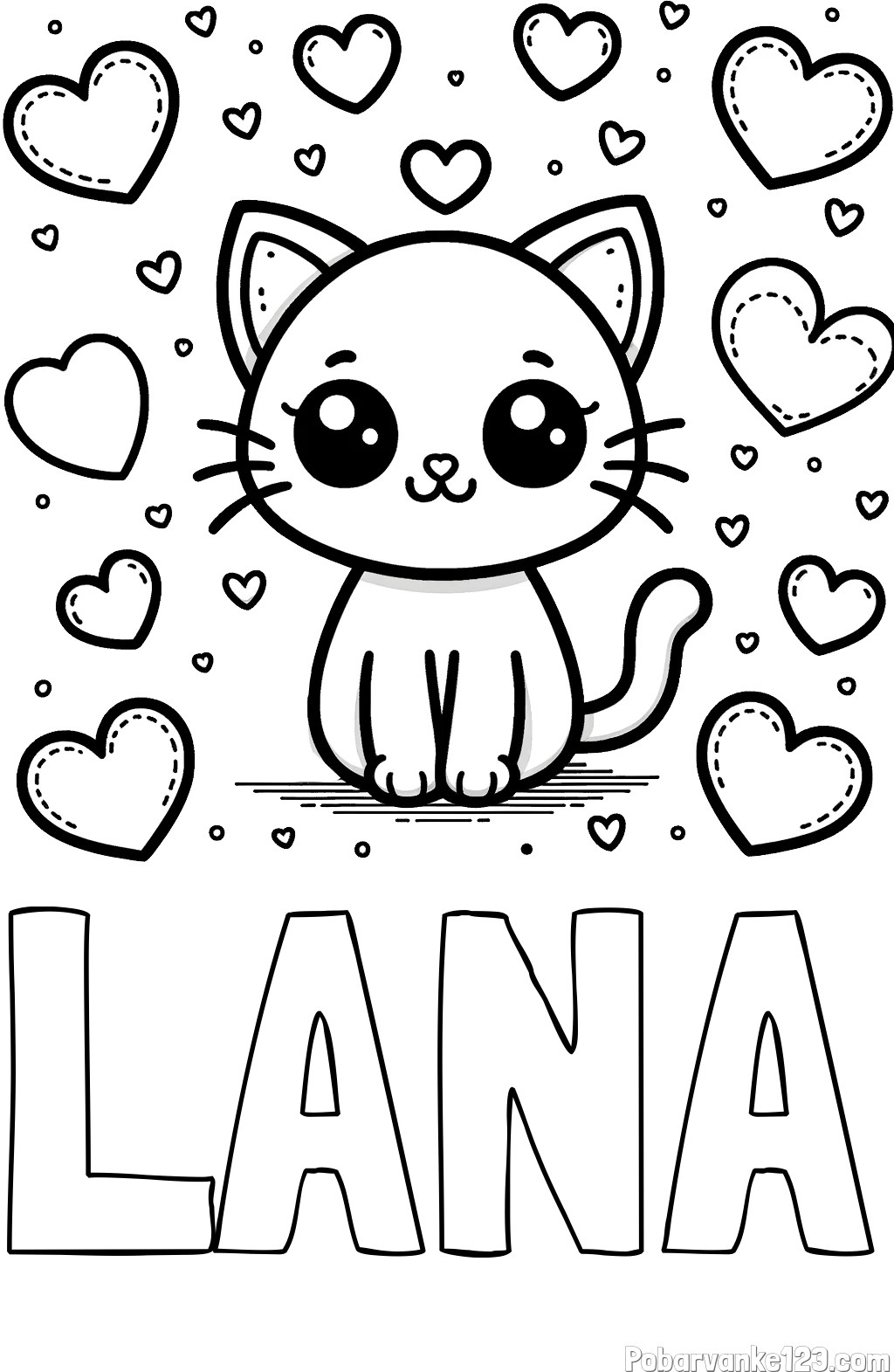 Pobarvanka imena LANA in pobarvanka ljubke mucke obdane z veliko srčki