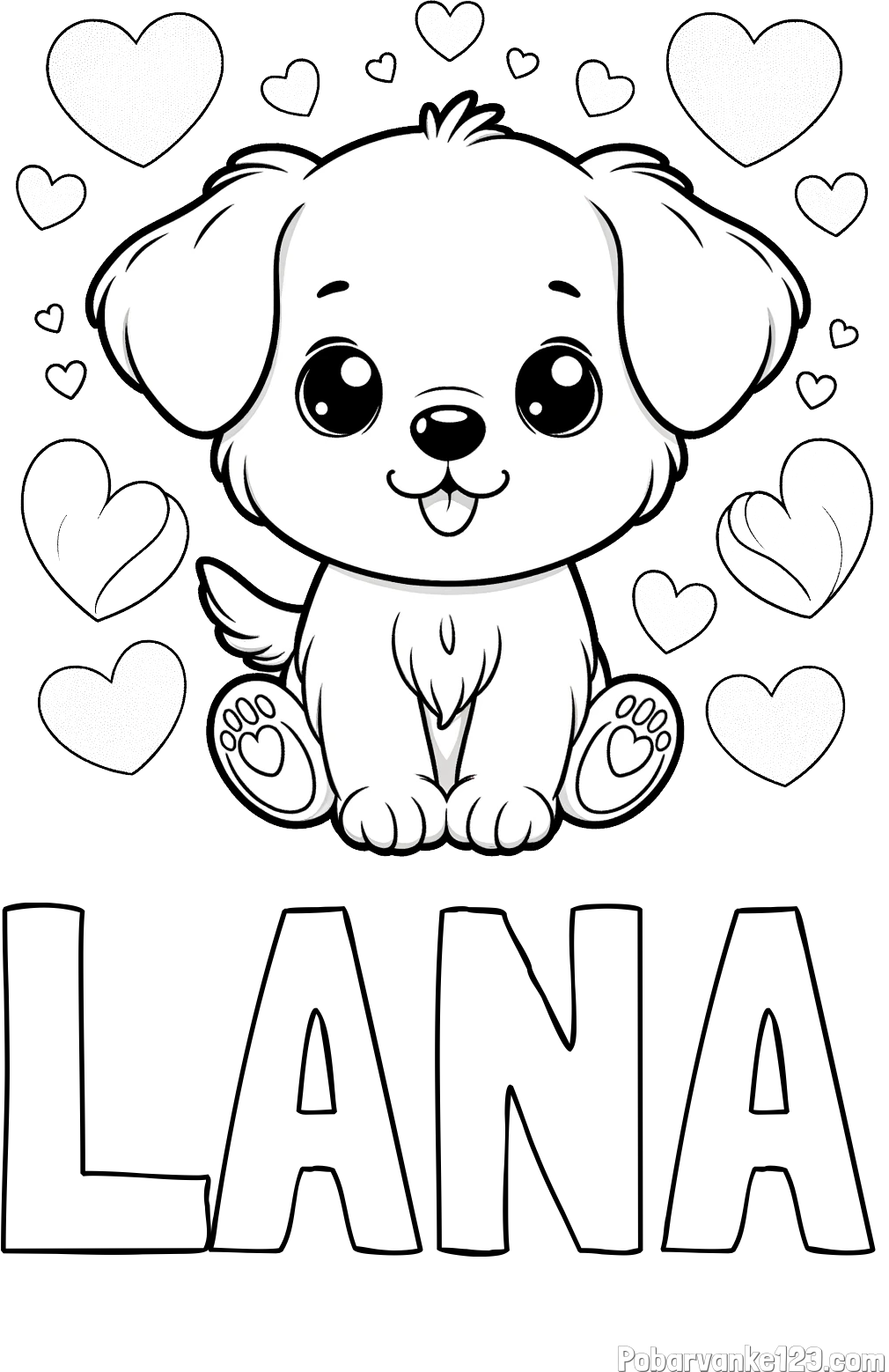 Pobarvanka imena LANA in pobarvanka ljubkega kužka obdanega s srčki