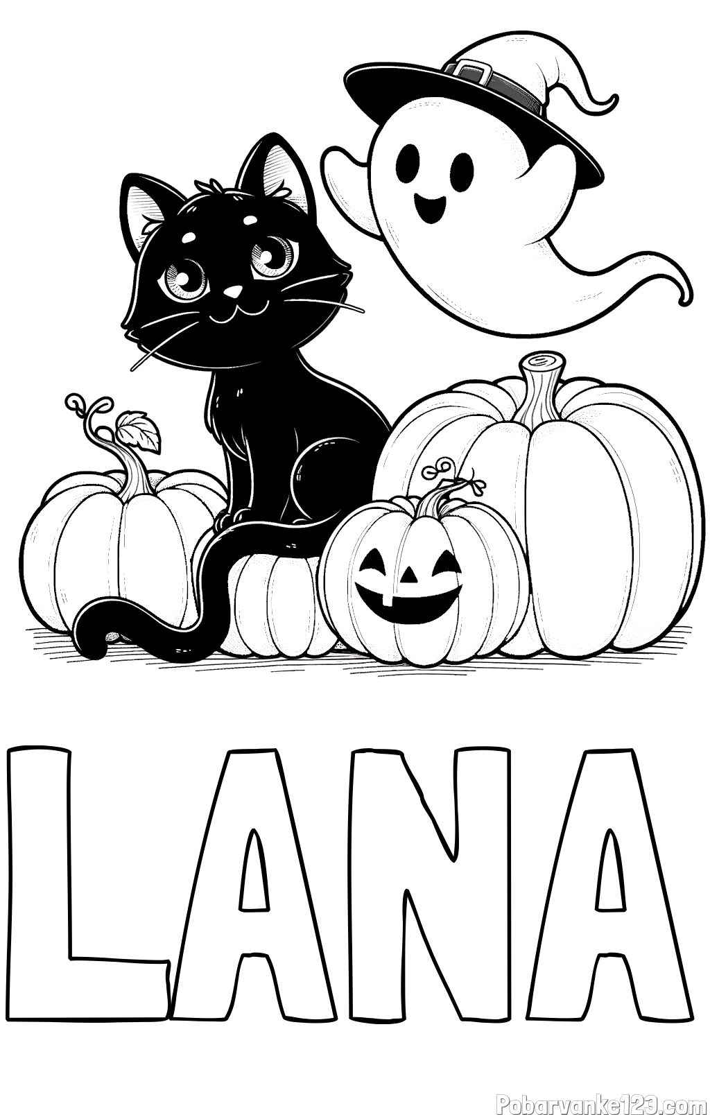 Pobarvanka imena LANA in pobarvanka prijaznega duhca, črne mačke ter buč za noč čarovnic