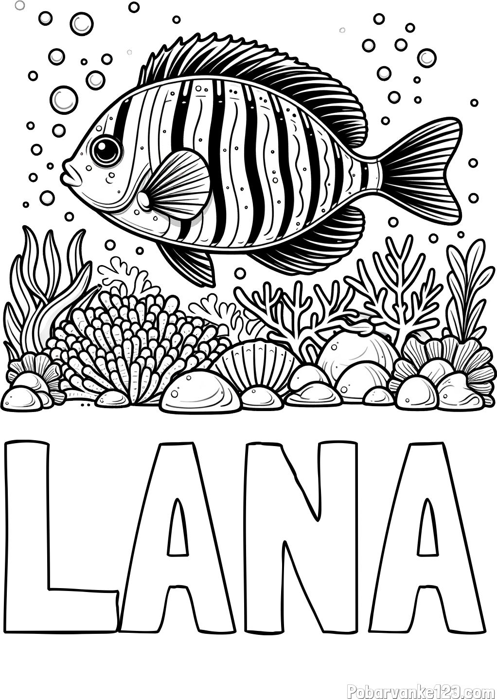 Pobarvanka imena LANA in pobarvanka ribe v morju med koralami