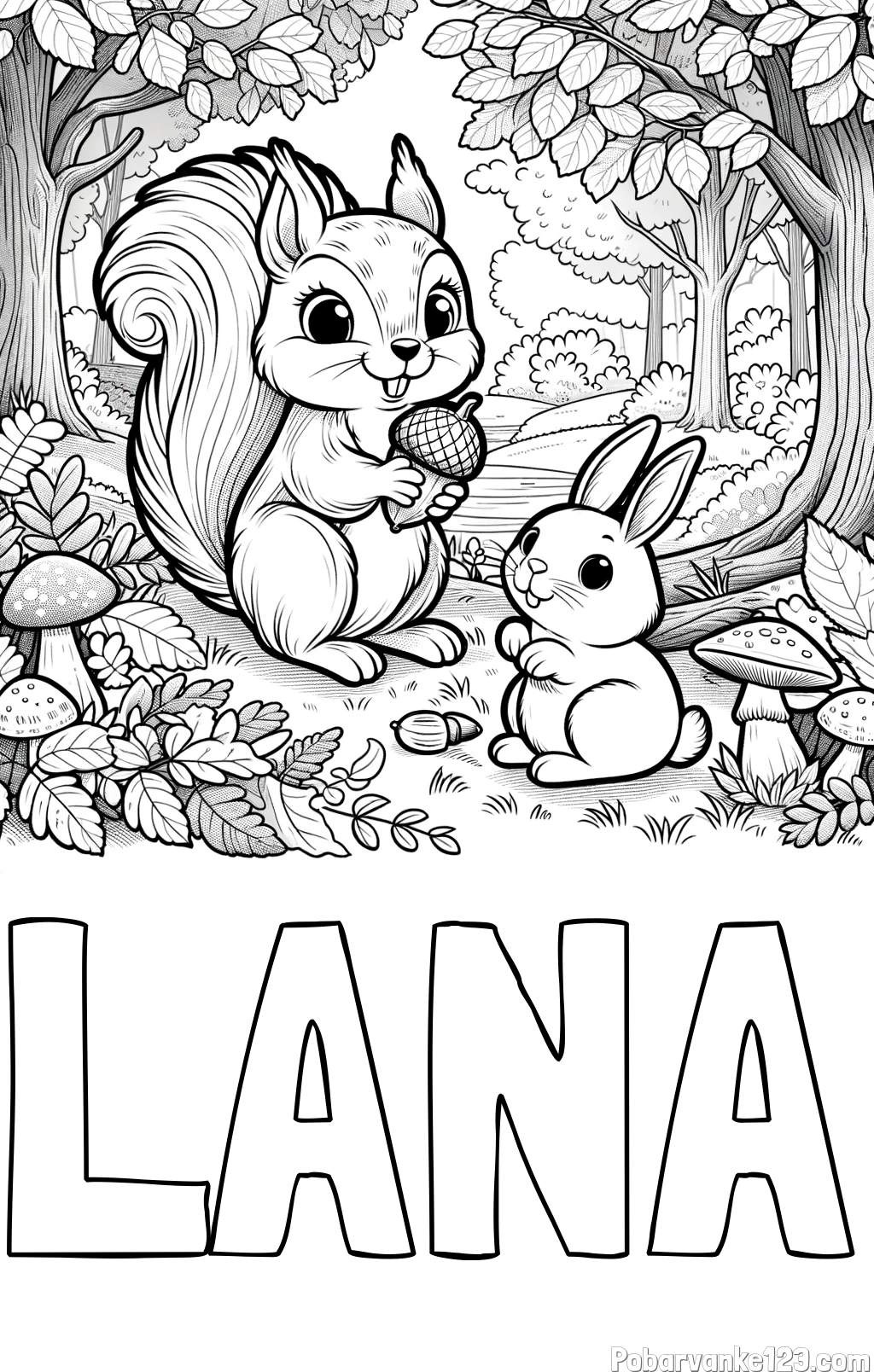 Pobarvanka imena LANA in pobarvanka veveričke in zajčka v gozdu