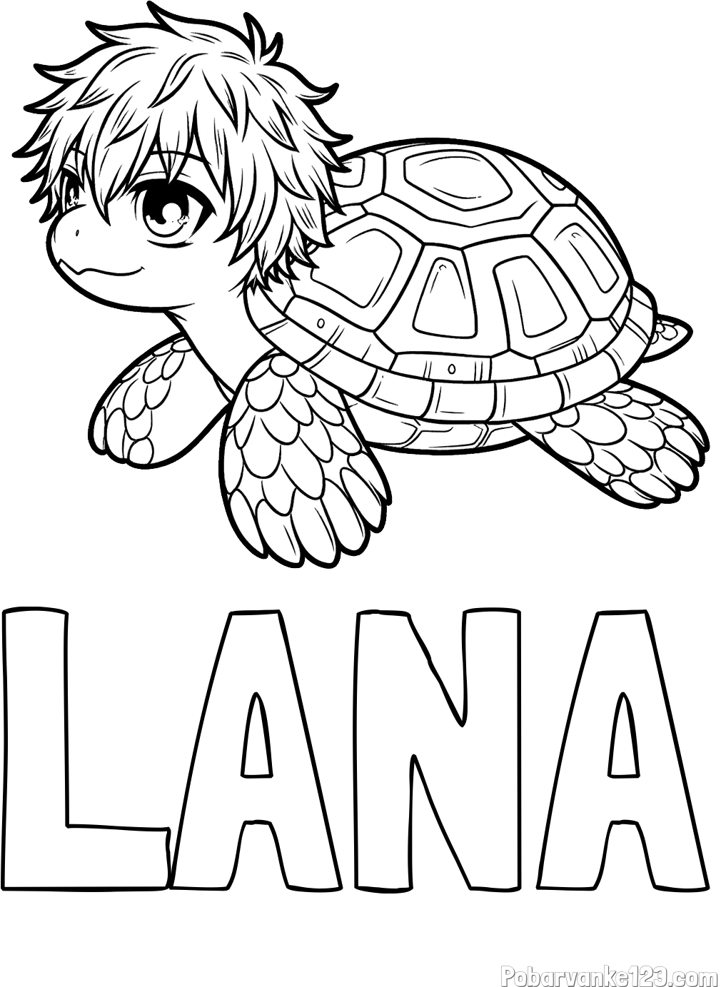 Pobarvanka imena LANA in pobarvanka želve v stilu anime