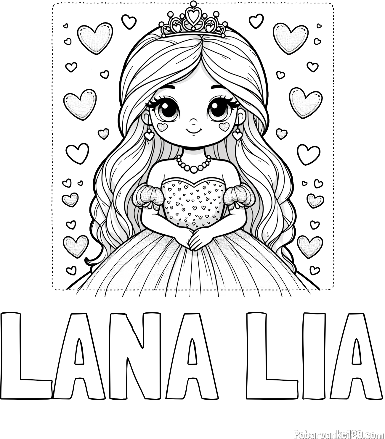 Pobarvanka imena LANA LIA in pobarvanka ljubke princese obdane s srčki