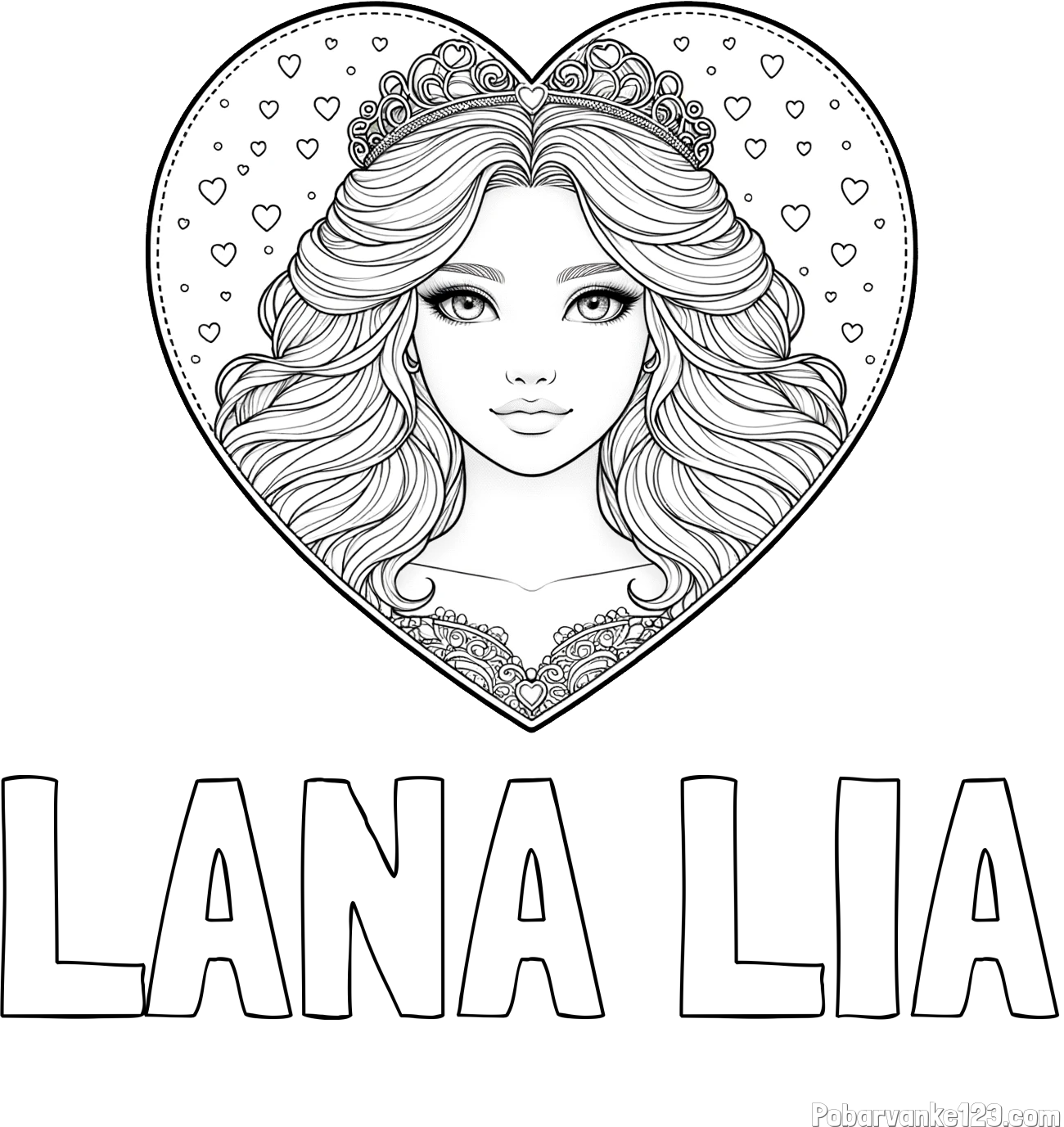 Pobarvanka imena LANA LIA in pobarvanka ljubke princese v srčku