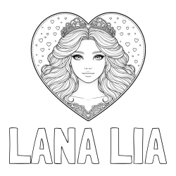 Online izdelana pobarvanka - Pobarvanka imena LANA LIA in pobarvanka ljubke princese v srčku