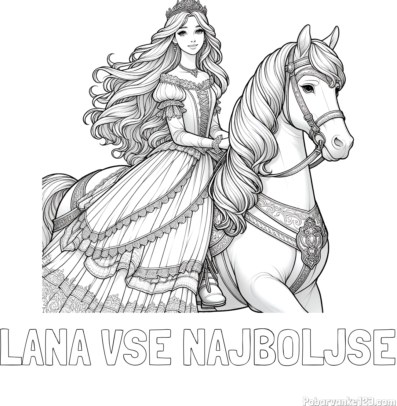 Pobarvanka imena LANA VSE NAJBOLJŠE in pobarvanka nasmejana princese na konju