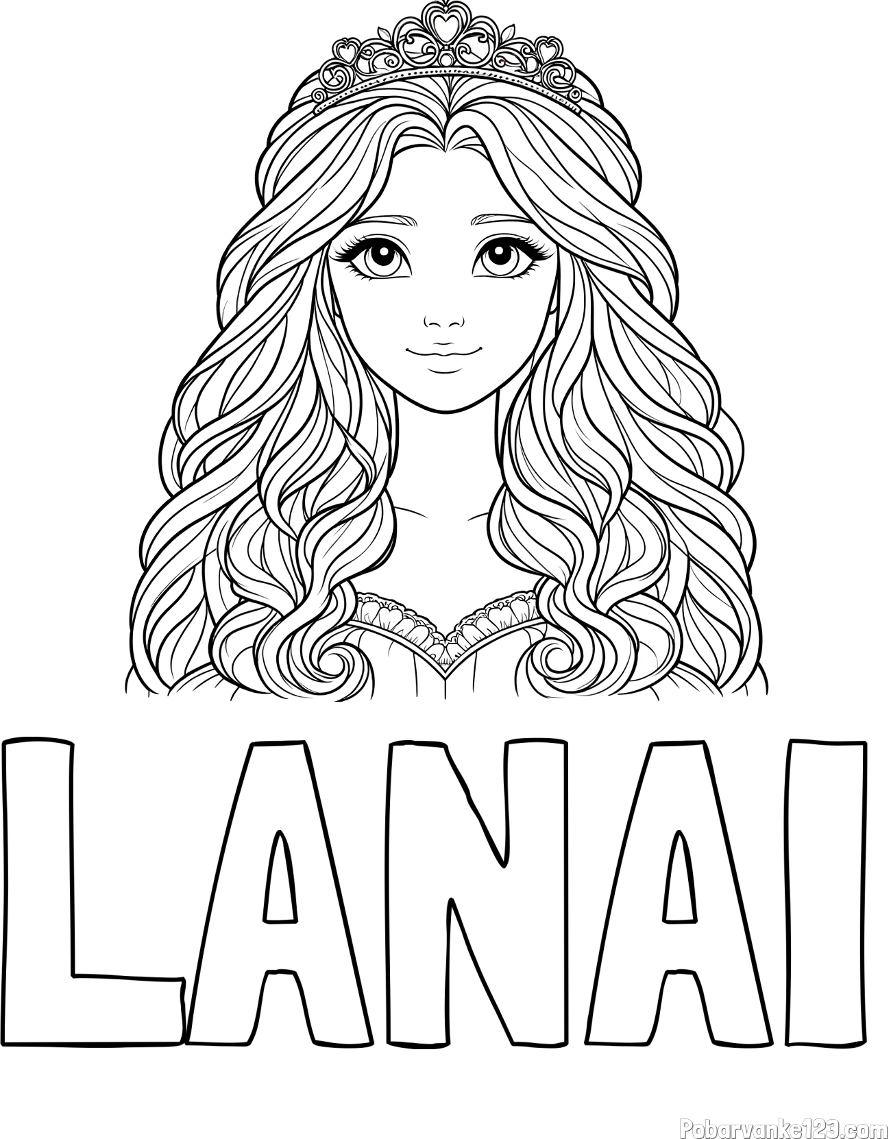 Pobarvanka imena LANAI in pobarvanka ljubke princese z bujnimi lasmi