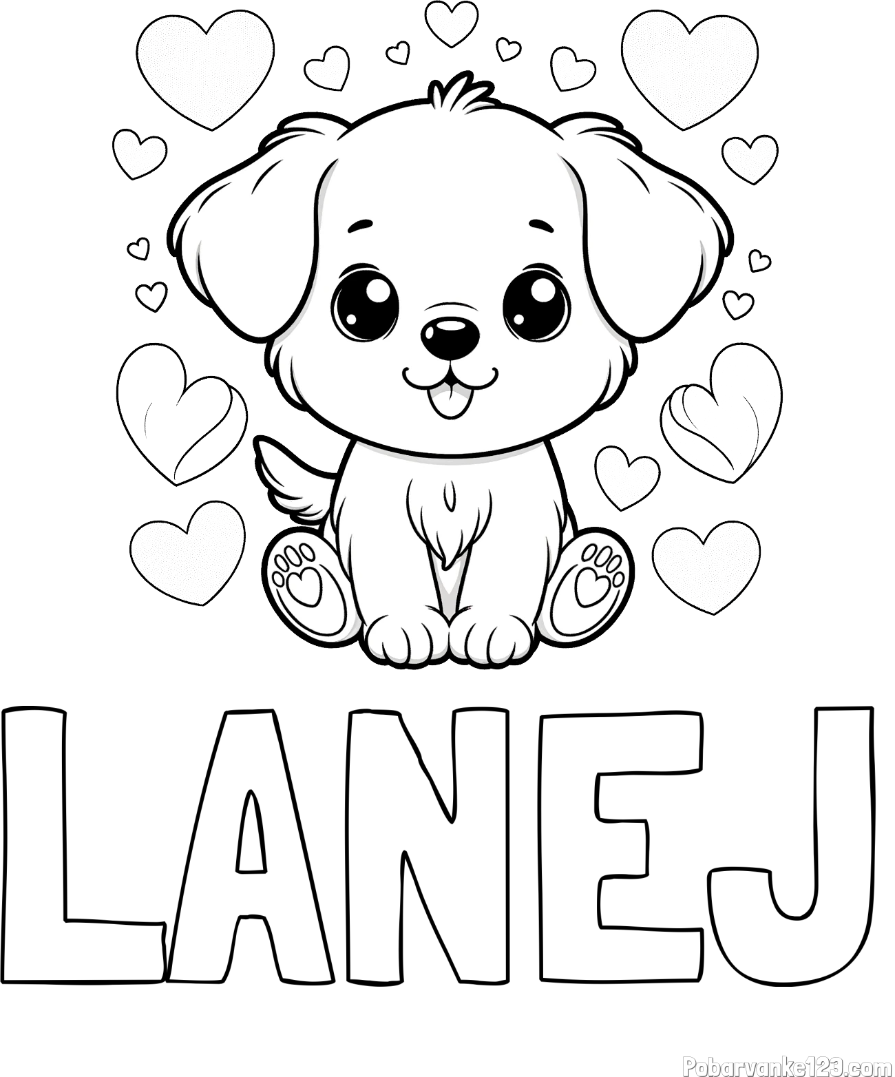 Pobarvanka imena LANEJ in pobarvanka ljubkega kužka obdanega s srčki