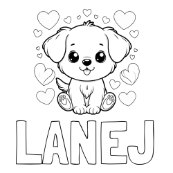 Online izdelana pobarvanka - Pobarvanka imena LANEJ in pobarvanka ljubkega kužka obdanega s srčki