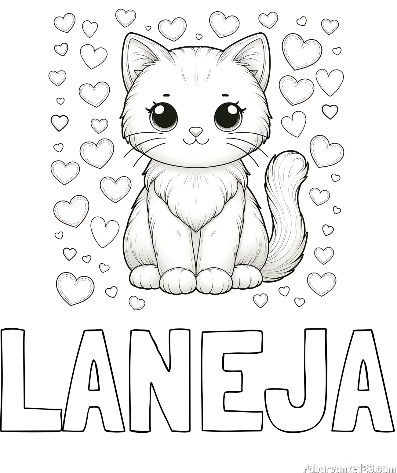 Pobarvanka imena LANEJA in pobarvanka ljubke mucke obdane s srčki