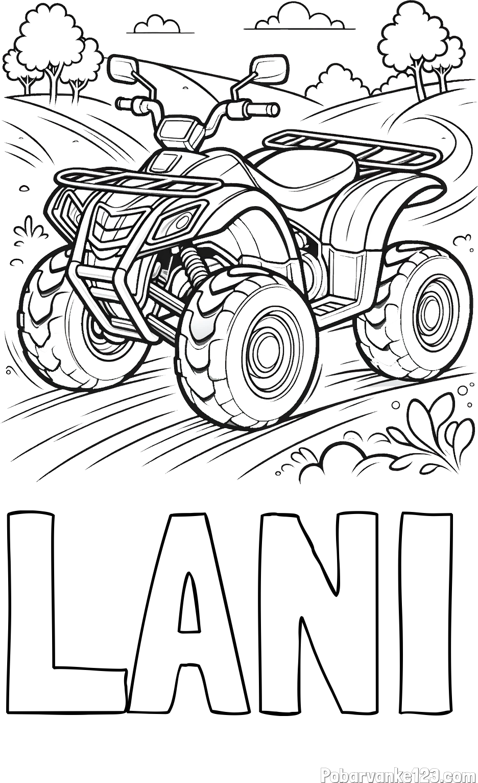 Pobarvanka imena LANI in pobarvanka štirikolesnika na cesti