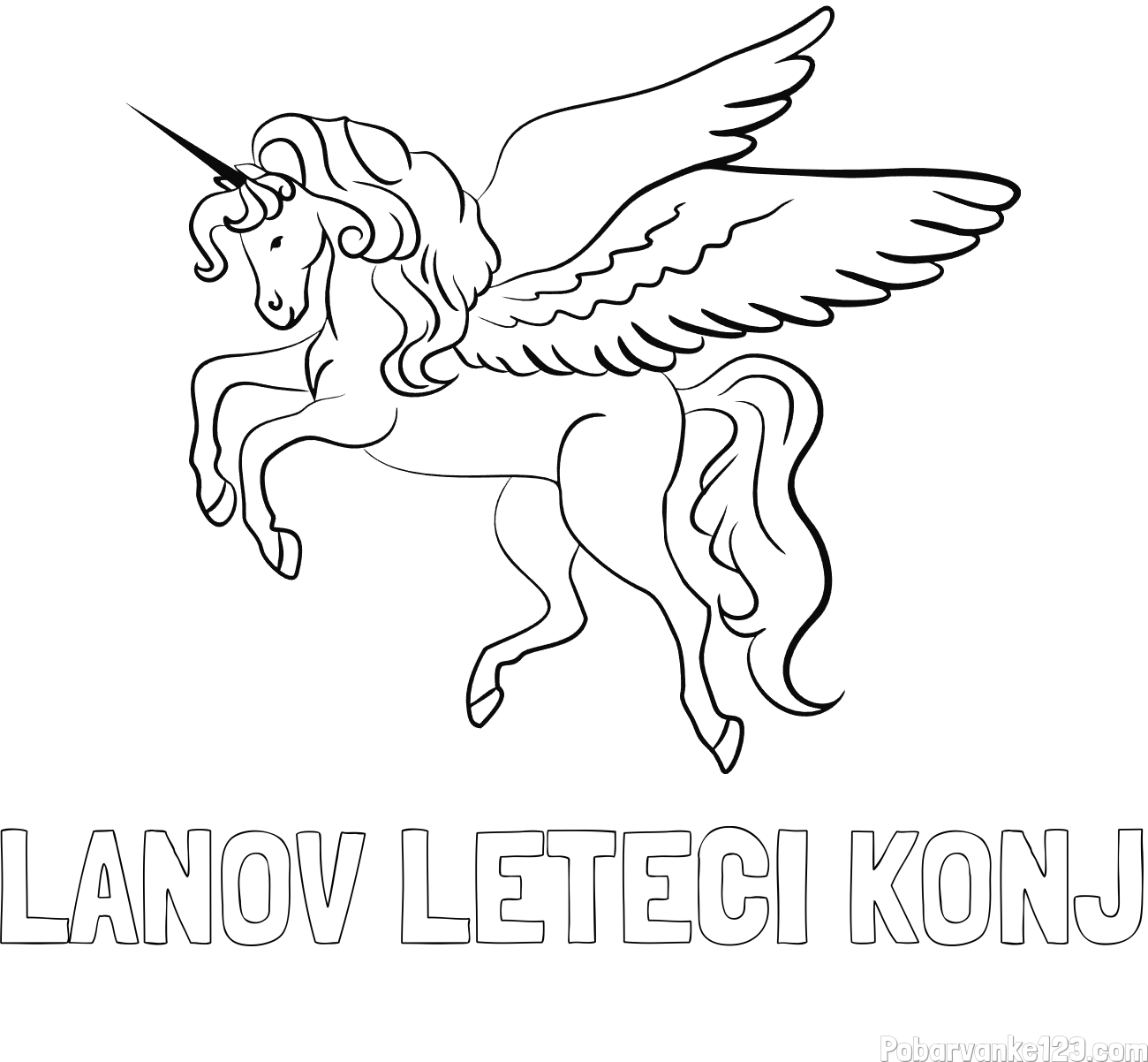 Pobarvanka imena LANOV LETEČI KONJ in lepa pobarvanka samoroga